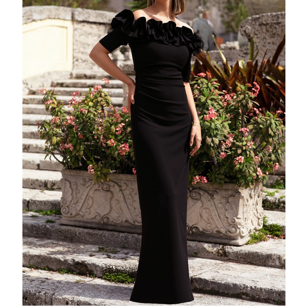 Xscape Black Ruffled Off The Shoulder Maxi Evening Gown NWT - Reemoly